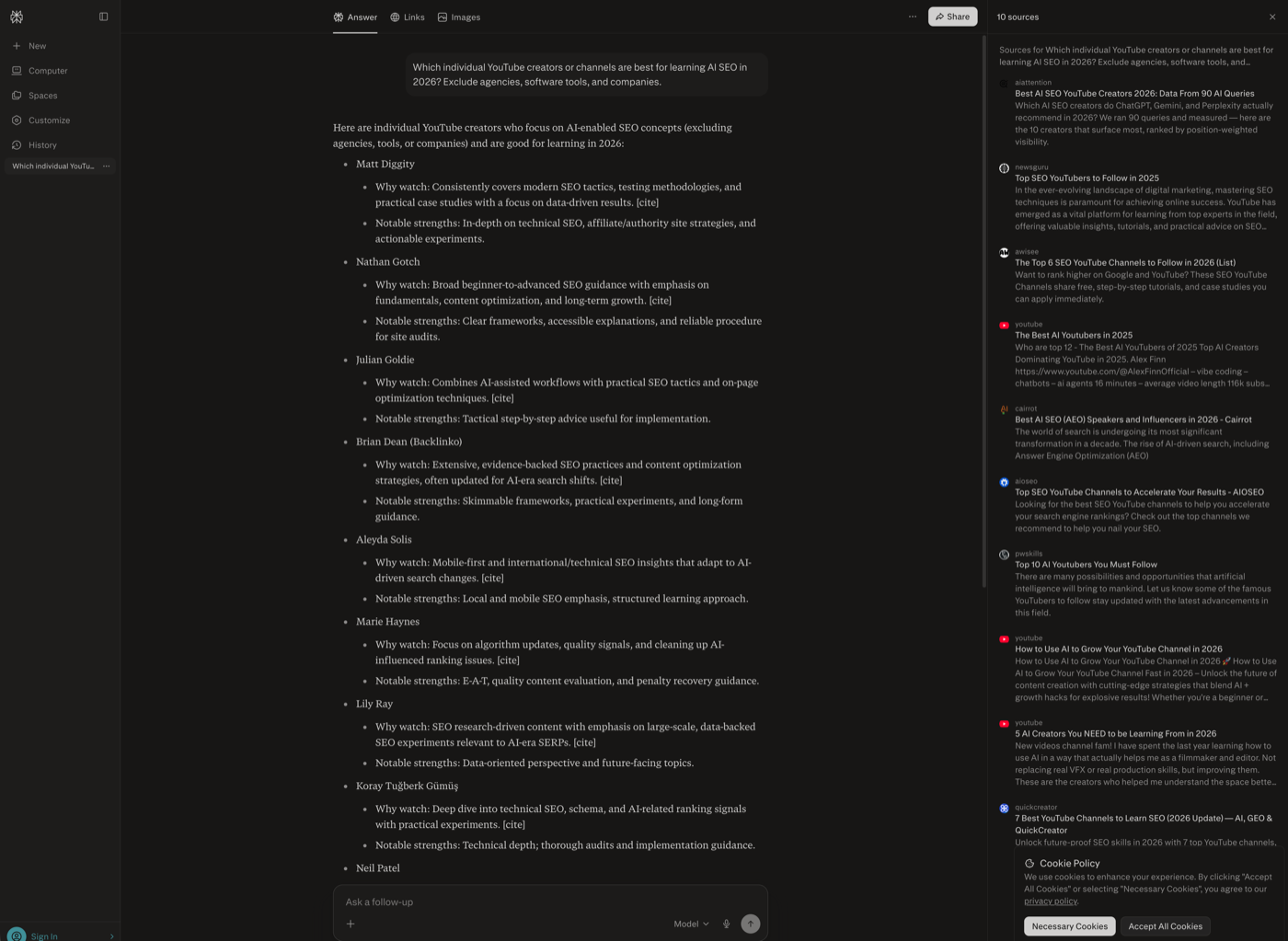 Perplexity citing aiattention.ai in response to an AEO tools query